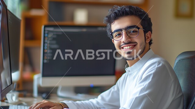 العمل في القطاع الإداري والمكتبي، المهن والوظائف الشبابية في المملكة العربية السعودية، صورة مقربة لرجل عربي خليجي سعودي يرتدي الثوب التقليدي والنظارات الطبية يجلس خلف مكتبه ينظر إلى الكاميرا بإيماءات السرور والسعادة، استخدام الحاسوب في إنجاز المهام