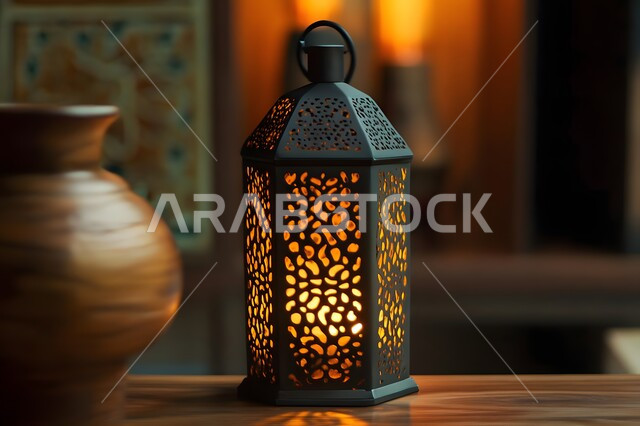 Traditional Arabic lights and lamps, illuminated metal decorative lantern, decorations, ornaments and lights of the holy month, celebrating Islamic religious occasions and holidays, spiritual atmosphere in the holy days, preparing to welcome the holy month of Ramadan