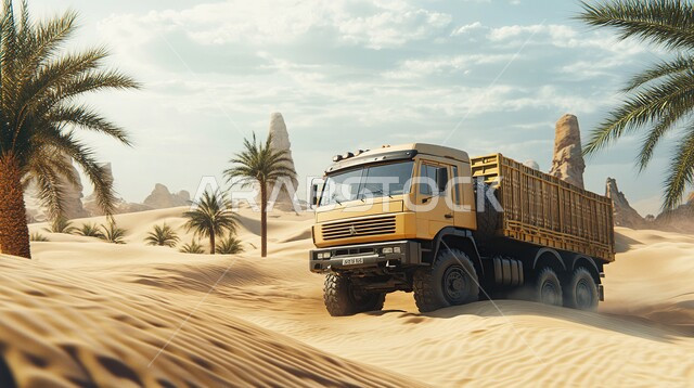 Sand dunes in Saudi Arabia, areas of exploration for raw underground resources, a large truck driving on soft golden desert sand, locations of natural coal mines, sand hills and rock formations in deserts