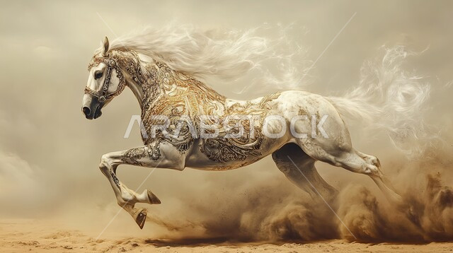 تصاميم فنية وديكورات عصرية, لوحة جدارية ثلاثية الأبعاد لحصان عربي أصيل يركض بإيماءات السرعة, حب وشغف الخيول في المملكة العربية السعودية, رمز الفروسية والشجاعة، اتباع تقاليد الأجداد في رعاية الجياد