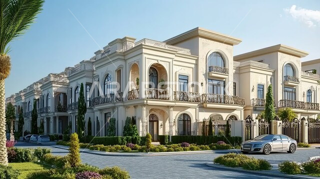 Modern architectural art, luxurious designs and decorations, urban growth and progress in the Kingdom of Saudi Arabia, green trees and plants surrounding tourist apartments and villas, distinctive modern designs