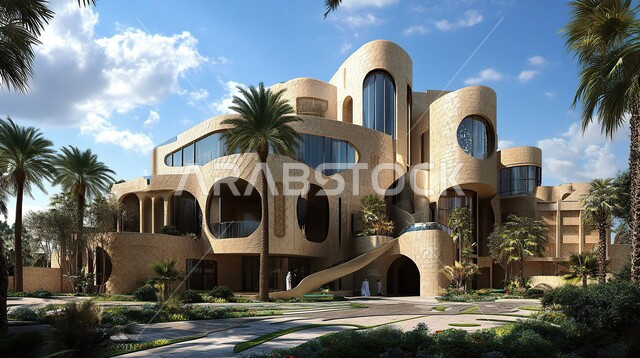الفن الهندسي المعماري على الطراز الحديث، التصميمات والديكورات الفخمة، النمو والتقدم العمراني في المملكة العربية السعودية ,الأشجار والنباتات الخضراء المحيطة بالشقق والفلل السكنية السياحية، التصاميم العصرية المتميزة