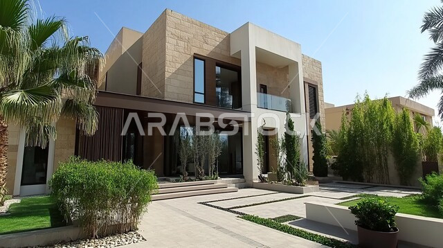 Urban growth and progress in the Kingdom of Saudi Arabia, green trees and plants surrounding tourist apartments and villas, luxurious designs and decorations, modern architectural engineering art, distinctive contemporary designs