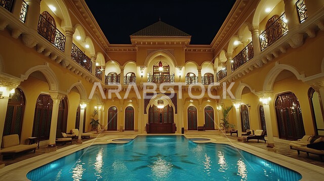 المسابح داخل الفلل السكنية السياحية، التصاميم العصرية المتميزة، الفن الهندسي المعماري على الطراز الحديث، التصميمات والديكورات الداخلية الفخمة، النمو والتقدم العمراني في المملكة العربية السعودية