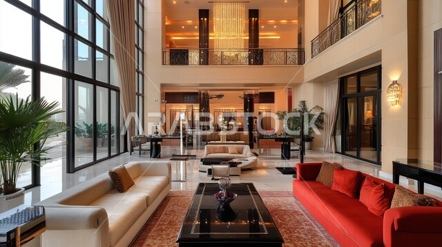 الديكورات الداخلية الراقية الحديثة, التصاميم المميزة لغرف الجلوس على الطراز الحديث, غرفة معيشة مع أثاث منزلي فاخر, الفلل والشقق السكنية في المملكة العربية السعودية, التصميم العصري الراقي الأنيق, الاهتمام بنباتات الزينة, الواجهات الزجاجية الكبيرة