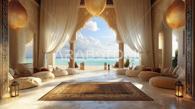 Distinctive designs for modern living rooms, large glass facades, modern upscale interior decorations, living room with luxury home furniture, villas and residential apartments in Saudi Arabia, elegant modern upscale design,