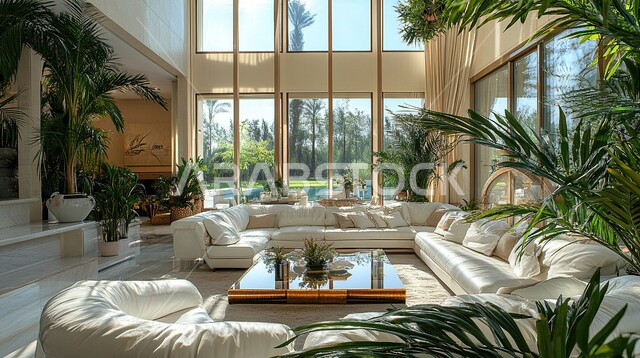 الواجهات الزجاجية الكبيرة، الاهتمام بنباتات الزينة, الديكورات الداخلية الراقية الحديثة, التصاميم المميزة لغرف الجلوس على الطراز الحديث, غرفة معيشة مع أثاث منزلي فاخر, الفلل والشقق السكنية في المملكة العربية السعودية, التصميم العصري الراقي الأنيق