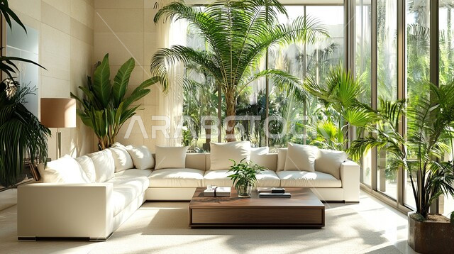 الواجهات الزجاجية الكبيرة، الاهتمام بنباتات الزينة, الديكورات الداخلية الراقية الحديثة, التصاميم المميزة لغرف الجلوس على الطراز الحديث, غرفة معيشة مع أثاث منزلي فاخر, الفلل والشقق السكنية في المملكة العربية السعودية, التصميم العصري الراقي الأنيق