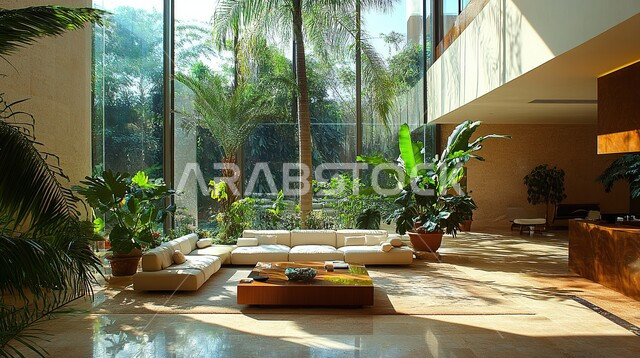 الواجهات الزجاجية الكبيرة، الاهتمام بنباتات الزينة, الديكورات الداخلية الراقية الحديثة, التصاميم المميزة لغرف الجلوس على الطراز الحديث, غرفة معيشة مع أثاث منزلي فاخر, الفلل والشقق السكنية في المملكة العربية السعودية, التصميم العصري الراقي الأنيق