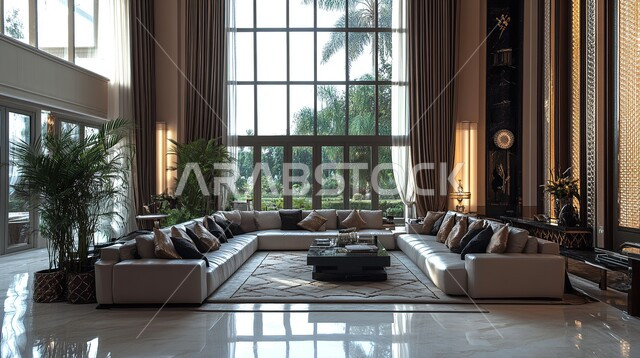 الواجهات الزجاجية الكبيرة، الاهتمام بنباتات الزينة, الديكورات الداخلية الراقية الحديثة, التصاميم المميزة لغرف الجلوس على الطراز الحديث, غرفة معيشة مع أثاث منزلي فاخر, الفلل والشقق السكنية في المملكة العربية السعودية, التصميم العصري الراقي الأنيق