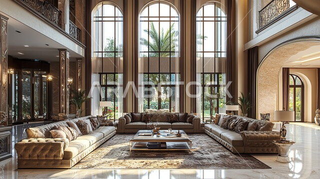 التصاميم المميزة لغرف الجلوس على الطراز الحديث, الواجهات الزجاجية الكبيرة، الديكورات الداخلية الراقية الحديثة, غرفة معيشة مع أثاث منزلي فاخر, الفلل والشقق السكنية في المملكة العربية السعودية, التصميم العصري الراقي الأنيق