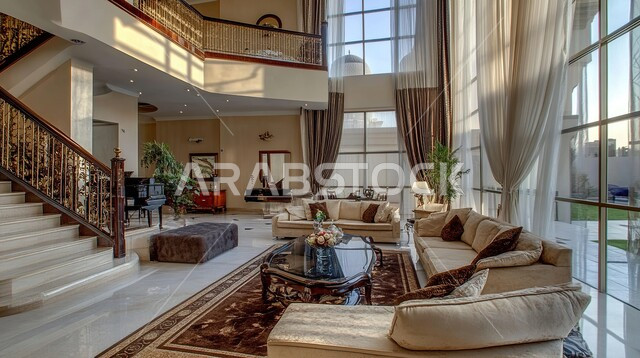 Distinctive designs for modern living rooms, large glass facades, modern upscale interior decorations, living room with luxury home furniture, villas and residential apartments in Saudi Arabia, elegant modern upscale design,