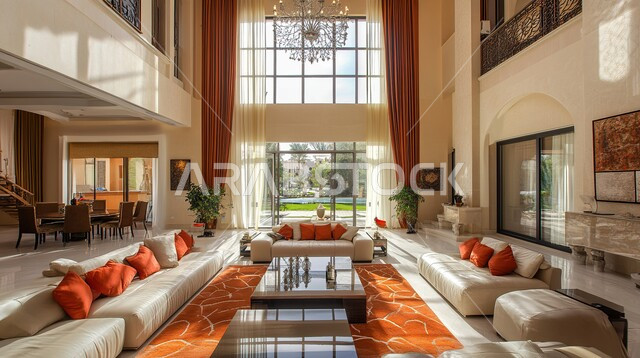 التصاميم المميزة لغرف الجلوس على الطراز الحديث, الواجهات الزجاجية الكبيرة، الديكورات الداخلية الراقية الحديثة, غرفة معيشة مع أثاث منزلي فاخر, الفلل والشقق السكنية في المملكة العربية السعودية, التصميم العصري الراقي الأنيق