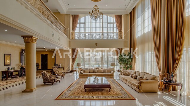 Distinctive designs for modern living rooms, large glass facades, modern upscale interior decorations, living room with luxury home furniture, villas and residential apartments in Saudi Arabia, elegant modern upscale design,