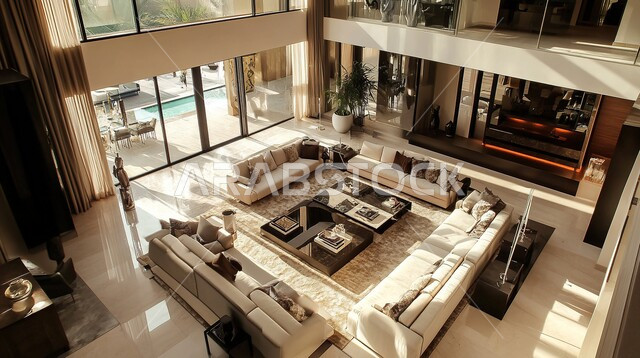 Distinctive designs for modern living rooms, large glass facades, modern upscale interior decorations, living room with luxury home furniture, villas and residential apartments in Saudi Arabia, elegant modern upscale design,