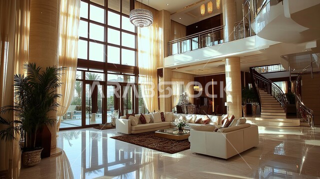 الواجهات الزجاجية الكبيرة، الاهتمام بنباتات الزينة, الديكورات الداخلية الراقية الحديثة, التصاميم المميزة لغرف الجلوس على الطراز الحديث, غرفة معيشة مع أثاث منزلي فاخر, الفلل والشقق السكنية في المملكة العربية السعودية, التصميم العصري الراقي الأنيق