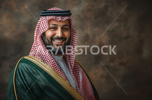 مفهوم الرجولة والثقة بالنفس، الاهتمام بالأناقة والمظهر الخارجي، بورتريه مقرب لرجل عربي خليجي سعودي مبتسم يرتدي الشماغ والثوب التقليدي ينظر إلى الكاميرا بإيماءات السرور والسعادة، خلفية ضبابية