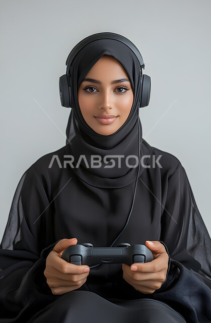 استخدام الهيدفون في اوقات الفراغ، بورتريه لإمرأه عربيه سعوديه خليجيه محجبة ترتدي عباءة سوداء مع سماعة الرأس تمسك بيدها عصا التحكم تنظر الى الكاميرا بايماءات الإندماج والتفاعل، مفهوم التسليه والترفيه, قضاء وقت ممتع, تطور التقنيه والتكنولوجيا، خلفية بيضاء