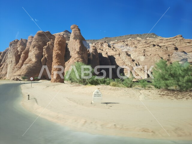  نمو النباتات الشوكية والبرية، الكهوف التراثية في موقع الحجر الأثري في الصحراء، التشكيلات و التكوينات الصخرية في العلا وسط صحاري المملكة العربية السعودية، المعالم التاريخية القديمة في مدائن صالح، الأماكن السياحية في المناطق الصحراوية