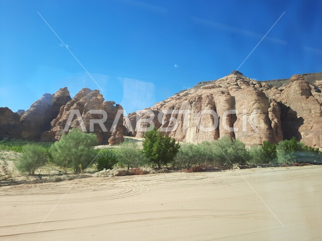 Rock formations and formations in AlUla in the middle of the deserts of the Kingdom of Saudi Arabia, ancient historical landmarks in Madain Saleh, tourist places in desert areas, growth of thorny and wild plants, heritage caves in the archaeological site of Al-Hijr in the desert