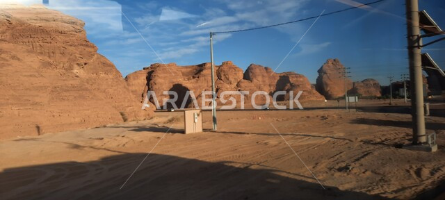 Rock formations and formations in the city of Al-Ula in the middle of the deserts of the Kingdom of Saudi Arabia, ancient historical landmarks in Madain Saleh, tourist places in desert areas, soft golden sands in the desert