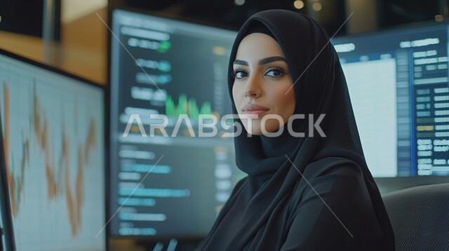 دراسة وتحليل الإحصائيات والرسوم البيانية, صورة مقربة لامرأة عربية خليجية سعودية محجبة تنظر إلى الكاميرا بإيماءات الثقة بالنفس والسرور، تحقيق أهداف الشركة, مراقبة البورصة وسوق الأسهم, مهن وأعمال مالية في السعودية