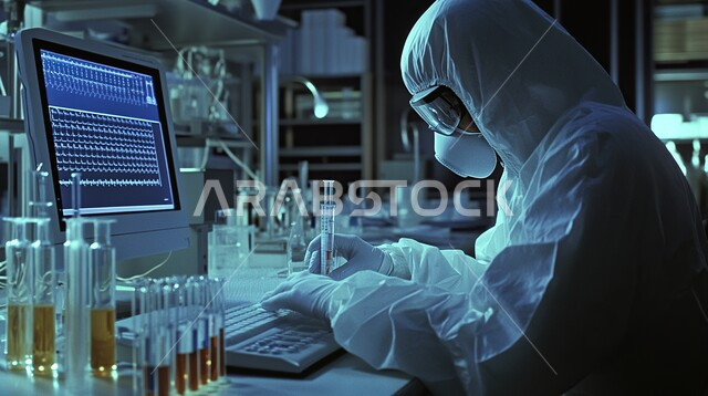 مختبرات التحاليل والفحوصات الطبية، استخدام الأنبوب الزجاجي لتحليل العينات, إجراء التجارب والبحوث العلمية, مفهوم التكنولوجيا الحيوية، صورة مقربة لمخبرية عربية خليجية سعودية مججبة ترتدي المعطف الأبيض والقفازات تقطر السائل من الماصة إلى أنبوب الاختبار