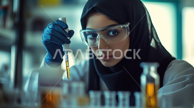مختبرات التحاليل والفحوصات الطبية، استخدام الأنبوب الزجاجي لتحليل العينات, إجراء التجارب والبحوث العلمية, مفهوم التكنولوجيا الحيوية، صورة مقربة لمخبرية عربية خليجية سعودية مججبة ترتدي المعطف الأبيض والقفازات تقطر السائل من الماصة إلى أنبوب الاختبار
