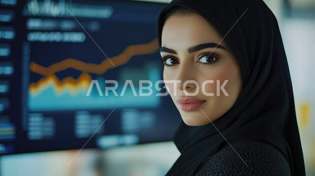 دراسة وتحليل الإحصائيات والرسوم البيانية, صورة مقربة لامرأة عربية خليجية سعودية محجبة تنظر إلى الكاميرا بإيماءات الثقة بالنفس والسرور، تحقيق أهداف الشركة, مراقبة البورصة وسوق الأسهم, مهن وأعمال مالية في السعودية