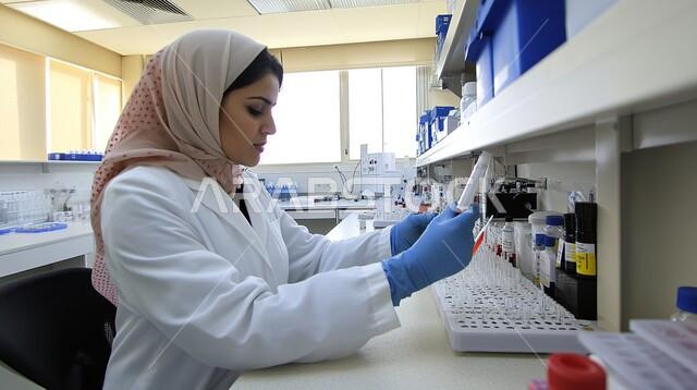 مختبرات التحاليل والفحوصات الطبية، استخدام الأنبوب الزجاجي لتحليل العينات, إجراء التجارب والبحوث العلمية, مفهوم التكنولوجيا الحيوية، صورة مقربة لمخبرية عربية خليجية سعودية مججبة ترتدي المعطف الأبيض والقفازات تقطر السائل من الماصة إلى أنبوب الاختبار