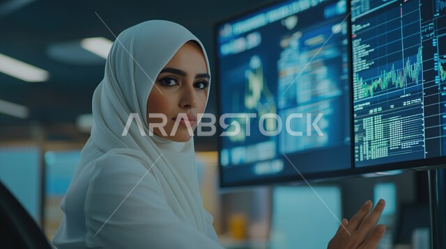 دراسة وتحليل الإحصائيات والرسوم البيانية, صورة مقربة لامرأة عربية خليجية سعودية محجبة تنظر إلى الكاميرا بإيماءات الثقة بالنفس والسرور، تحقيق أهداف الشركة, مراقبة البورصة وسوق الأسهم, مهن وأعمال مالية في السعودية