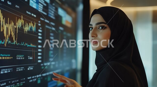 Achieving company goals, monitoring the stock market and stock exchange, financial professions and businesses in Saudi Arabia, studying and analyzing statistics and charts, close-up of a smiling veiled Saudi Arabian Gulf woman wearing a black abaya looking at the camera with gestures of happiness and pleasure