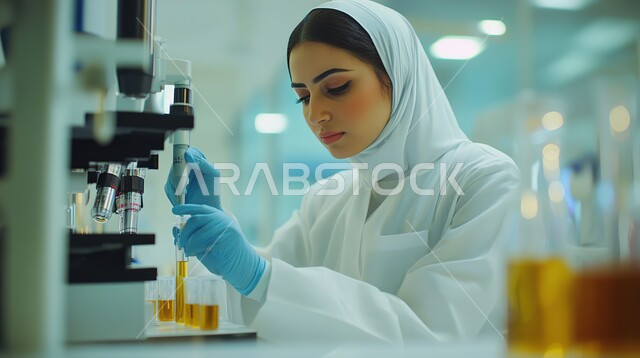 مختبرات التحاليل والفحوصات الطبية، استخدام الأنبوب الزجاجي لتحليل العينات, إجراء التجارب والبحوث العلمية, مفهوم التكنولوجيا الحيوية، صورة مقربة لمخبرية عربية خليجية سعودية مججبة ترتدي المعطف الأبيض والقفازات تقطر السائل من الماصة إلى أنبوب الاختبار