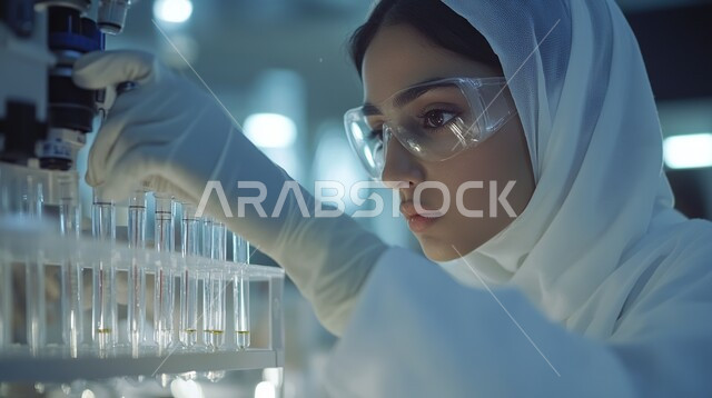 مختبرات التحاليل والفحوصات الطبية، استخدام الأنبوب الزجاجي لتحليل العينات, إجراء التجارب والبحوث العلمية, مفهوم التكنولوجيا الحيوية، صورة مقربة لمخبرية عربية خليجية سعودية مججبة ترتدي المعطف الأبيض والقفازات تقطر السائل من الماصة إلى أنبوب الاختبار