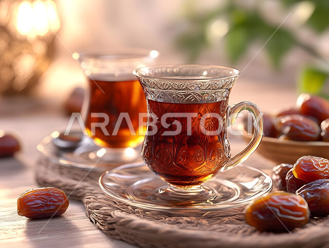 Local products and crops of Saudi Arabia, healthy and useful breakfast, healthy hot drinks, a meal with high nutritional value, cups of tea and fresh dates