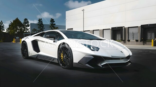 سيارة لامبورجيني بيضاء فخمة، العلامات التجارية المشهورة, وسائل النقل البرية, معرض السيارات المتميز في دولة الكويت, مركبة حديثة فاخرة، فعاليات المركبات الأنيقة