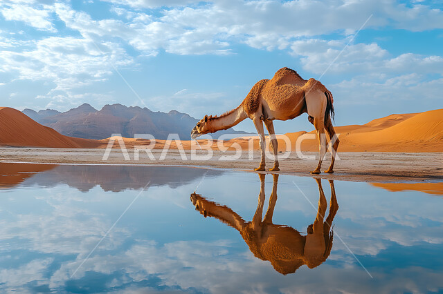 جمل يسير على الرمال الذهبية الناعمة، تربية ورعاية الجمال والإبل، المناظر الطبيعية في الصحاري، الأماكن الصحراوية في المملكة العربية السعودية، القمم والكثبان الرملية في الصحراء