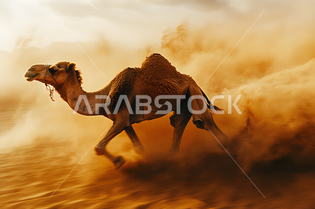  جمل يسير على الرمال الذهبية الناعمة، تربية ورعاية الجمال والإبل، المناظر الطبيعية في الصحاري، الأماكن الصحراوية في المملكة العربية السعودية، القمم والكثبان الرملية في الصحراء