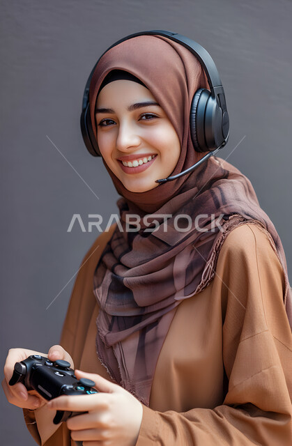 استخدام الهيدفون في اوقات الفراغ، بورتريه لإمرأه عربيه سعوديه خليجيه محجبة ترتدي عباءة سوداء مع سماعة الرأس تمسك بيدها عصا التحكم تنظر الى الكاميرا بايماءات الإندماج والتفاعل، مفهوم التسليه والترفيه, قضاء وقت ممتع, تطور التقنيه والتكنولوجيا، خلفية رمادية