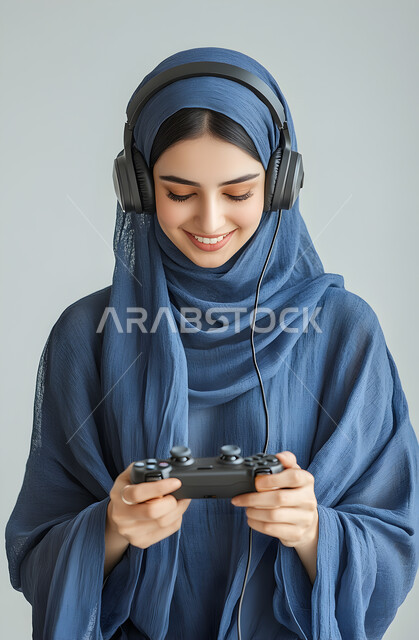 تطور التقنيه والتكنولوجيا، استخدام الهيدفون في اوقات الفراغ، بورتريه لإمرأه عربيه سعوديه خليجيه محجبة ترتدي عباءة  مع سماعة الرأس تمسك بيدها عصا التحكم  بايماءات الإندماج والتفاعل، مفهوم التسليه والترفيه, قضاء وقت ممتع, خلفية بيضاء