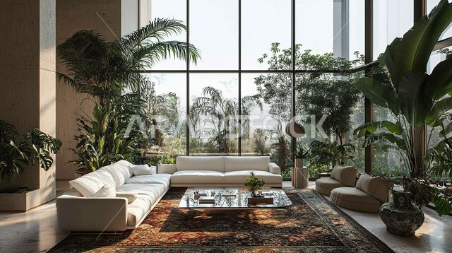 الاهتمام بنباتات الزينة, الديكورات الداخلية الراقية الحديثة, التصاميم المميزة لغرف الجلوس على الطراز الحديث, الواجهات الزجاجية الكبيرة، غرفة معيشة مع أثاث منزلي فاخر, الفلل والشقق السكنية في المملكة العربية السعودية, التصميم العصري الراقي الأنيق