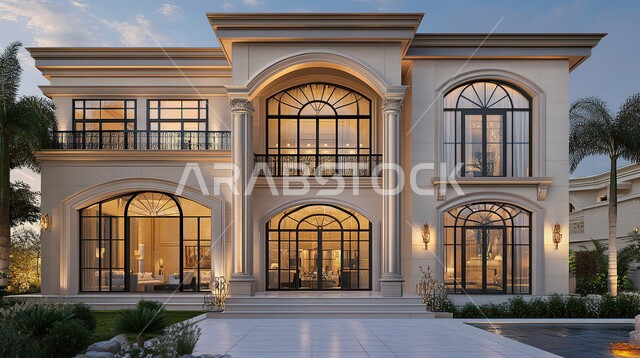 Urban growth and progress in the Kingdom of Saudi Arabia, luxurious designs and decorations, distinctive modern designs, modern architectural engineering art, green trees and plants surrounding tourist residential apartments and villas
