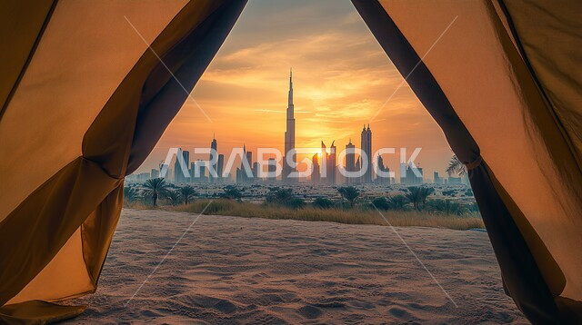 إطلالة من داخل خيمة على الأبراج وناطحات السحاب على الطراز الحديث وقت غروب الشمس، جذب واستقطاب السياح من أنحاء العالم، المباني والمنشآت السكنية والتجارية, الأماكن والمعالم السياحية المشهورة في الإمارات العربية المتحدة