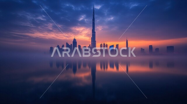 المباني والمنشآت السكنية والتجارية وقت غروب الشمس, الأماكن والمعالم السياحية المشهورة في الإمارات العربية المتحدة, جذب واستقطاب السياح من أنحاء العالم, الفن الهندسي المعماري لبناء الأبراج وناطحات السحاب على الطراز الحديث, التطور والتقدم العمراني