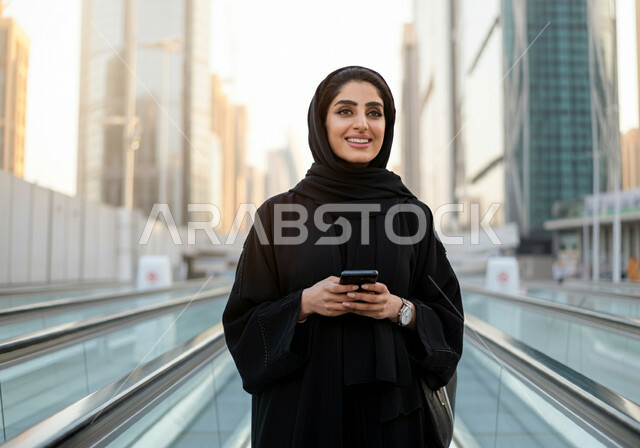 إستخدام الهاتف المحمول, إمرأه عربيه سعوديه خليجيه مبتسمه  ترتدي الحجاب و العباءه السوداء تقف في محطة قطار الرياض,  إيماءات السعاده والرضا بالخدمات الحديثه ,تقدم وسائل المواصلات  في المملكه , التنقل السريع والآمن عبر الميترو في السعوديه , تيسير الحركه المروريه للشعب السعودي