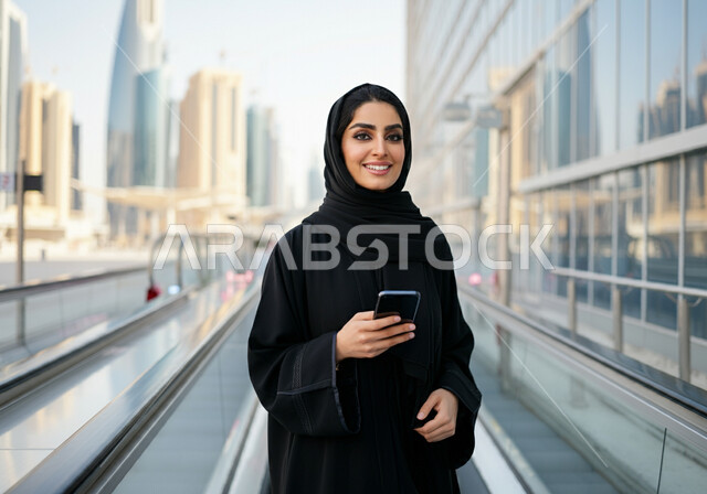 إستخدام الهاتف المحمول, إمرأه عربيه سعوديه خليجيه مبتسمه  ترتدي الحجاب و العباءه السوداء تقف في محطة قطار الرياض,  إيماءات السعاده والرضا بالخدمات الحديثه ,تقدم وسائل المواصلات  في المملكه , التنقل السريع والآمن عبر الميترو في السعوديه , تيسير الحركه المروريه للشعب السعودي