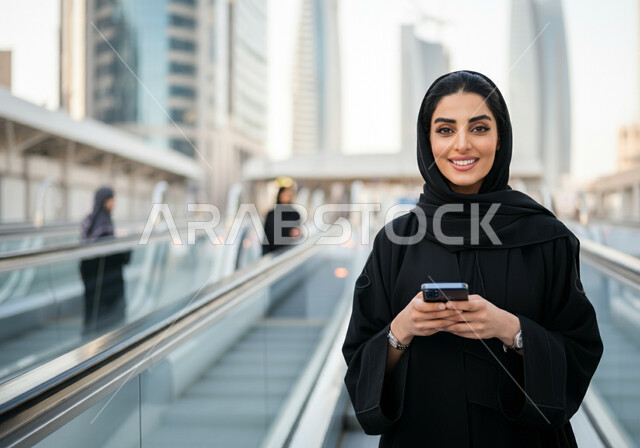 تيسير الحركه المروريه للشعب السعودي, إستخدام الهاتف المحمول, إمرأه عربيه سعوديه خليجيه مبتسمه  ترتدي الحجاب و العباءه السوداء تقف في محطة قطار الرياض,  إيماءات السعاده والرضا بالخدمات الحديثه ,تقدم وسائل المواصلات  في المملكه , التنقل السريع والآمن عبر الميترو في السعوديه