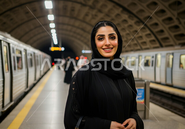 تعابير السرور في محطة مترو الرياض, إمرأه عربيه سعوديه خليجيه مبتسمه  ترتدي الحجاب و العباءه السوداء تقف في نفق سكة القطار, النظر الى الكاميرا مع إيماءات السعاده والرضا بالخدمات الحديثه ,تقدم وسائل المواصلات  في المملكه , التنقل السريع والآمن عبر الميترو في السعوديه , تيسير الحركه المروريه للشعب السعودي