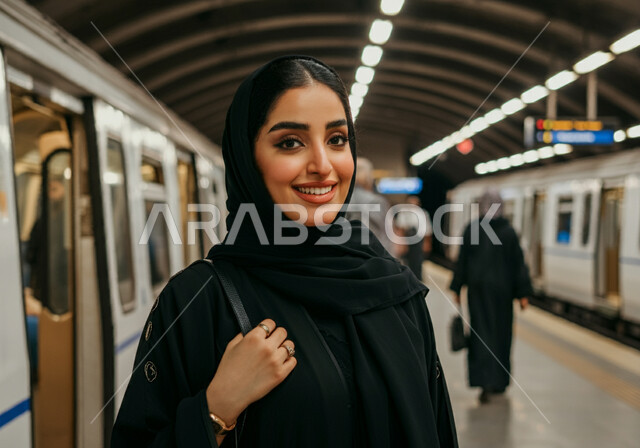 تعابير السرور في محطة مترو الرياض, إمرأه عربيه سعوديه خليجيه مبتسمه  ترتدي الحجاب و العباءه السوداء تقف في نفق سكة القطار, النظر الى الكاميرا مع إيماءات السعاده والرضا بالخدمات الحديثه ,تقدم وسائل المواصلات  في المملكه , التنقل السريع والآمن عبر الميترو في السعوديه , تيسير الحركه المروريه للشعب السعودي