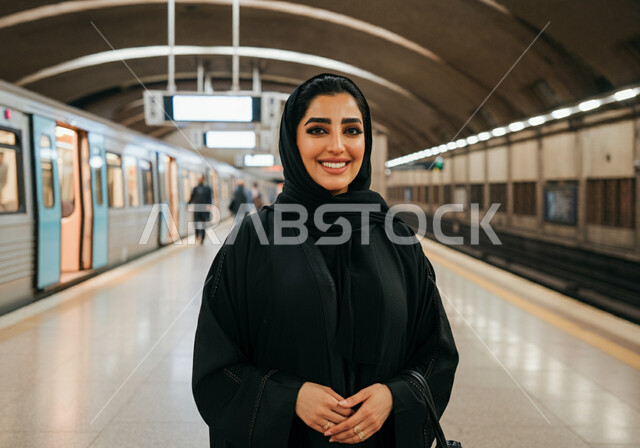 Expressions of joy at Riyadh Metro Station, a smiling Saudi Arabian Gulf woman wearing a hijab and a black abaya standing in a railway tunnel, looking at the camera with gestures of happiness and satisfaction with modern services, the progress of transportation in the Kingdom, fast and safe movement via the metro in Saudi Arabia, facilitating traffic movement for the Saudi people